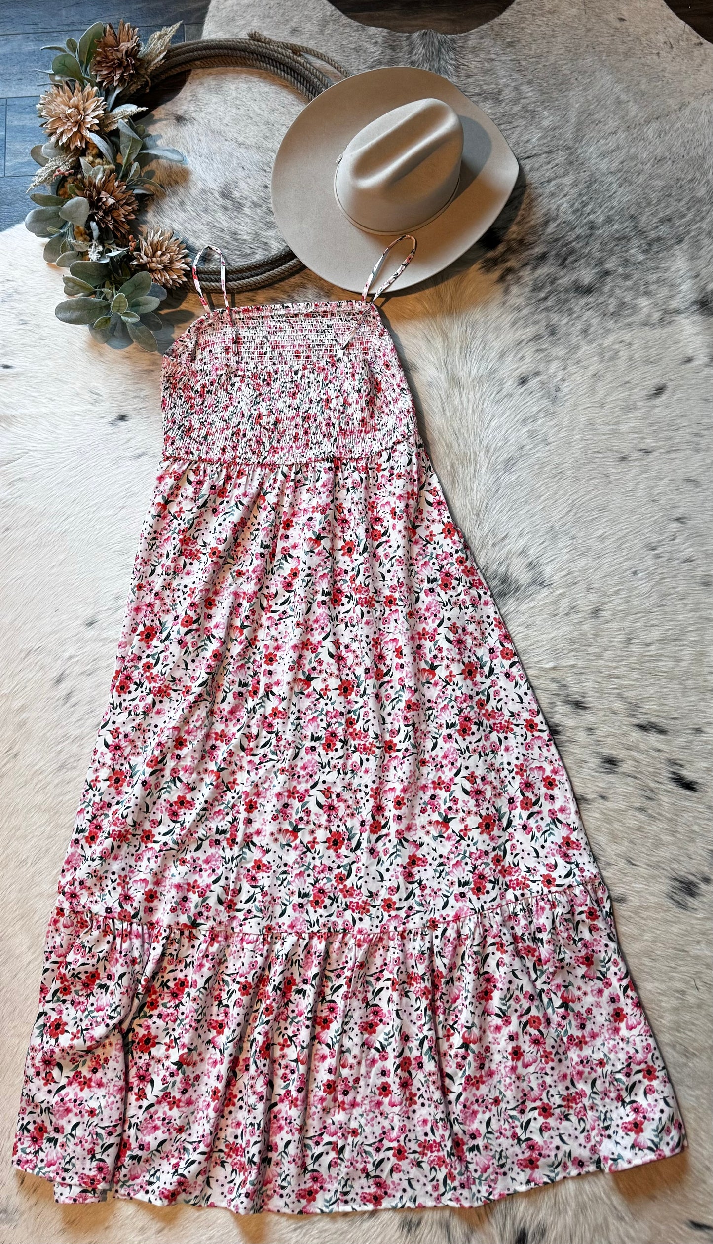 Boho Floral Smocked Ruffled Maxi Dress