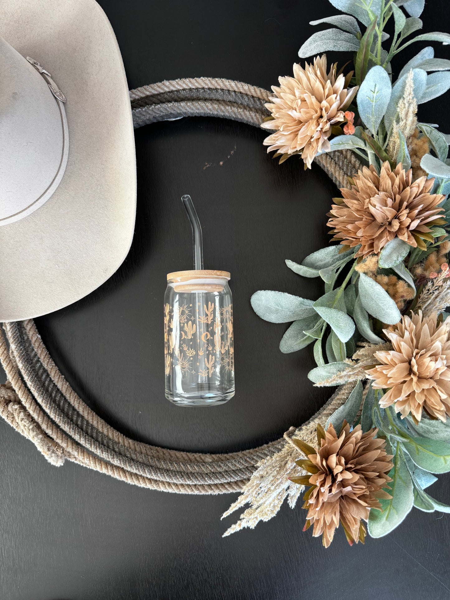 Cactus Glass Can with Lid & Straw