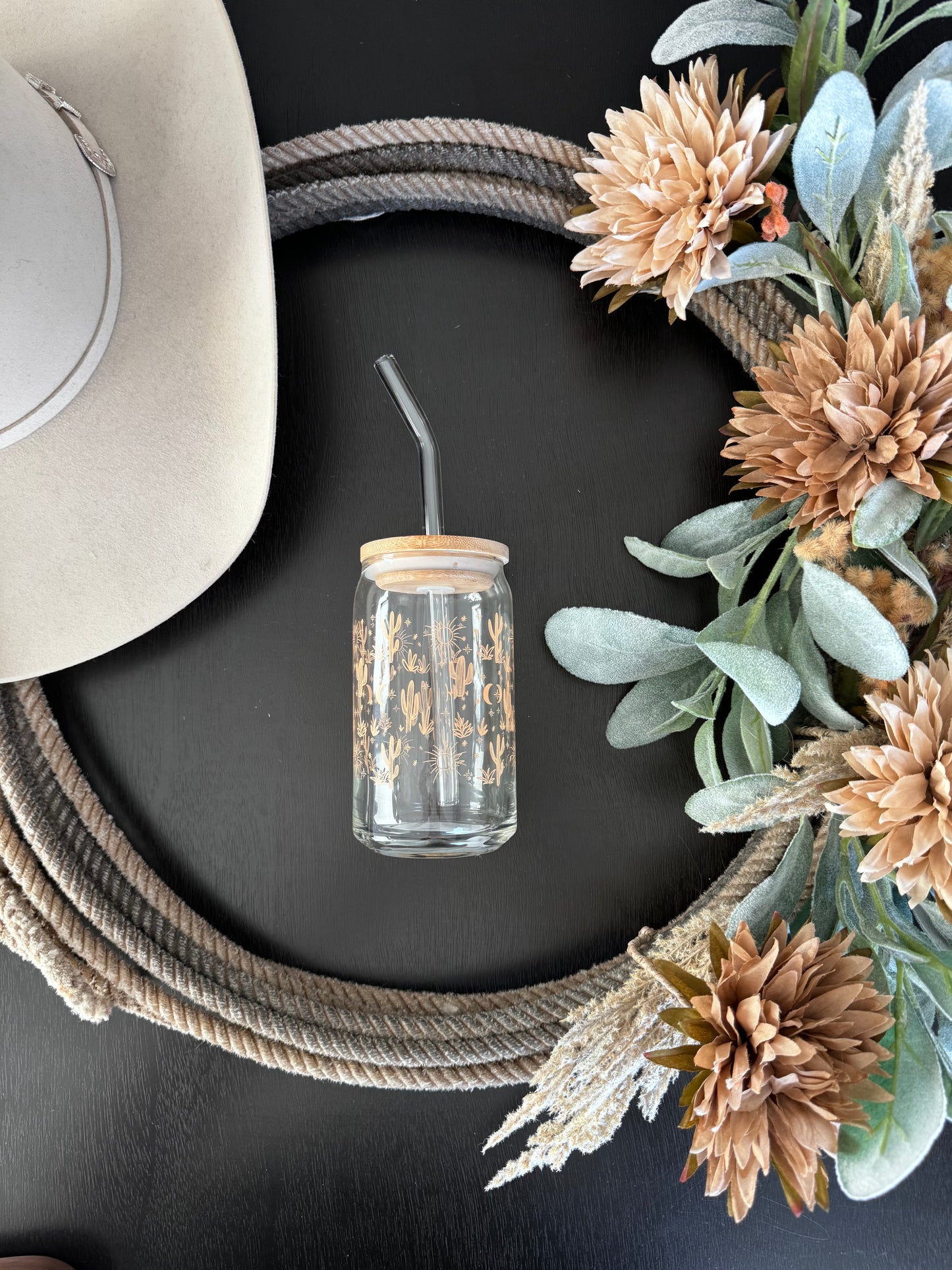 Cactus Glass Can with Lid & Straw