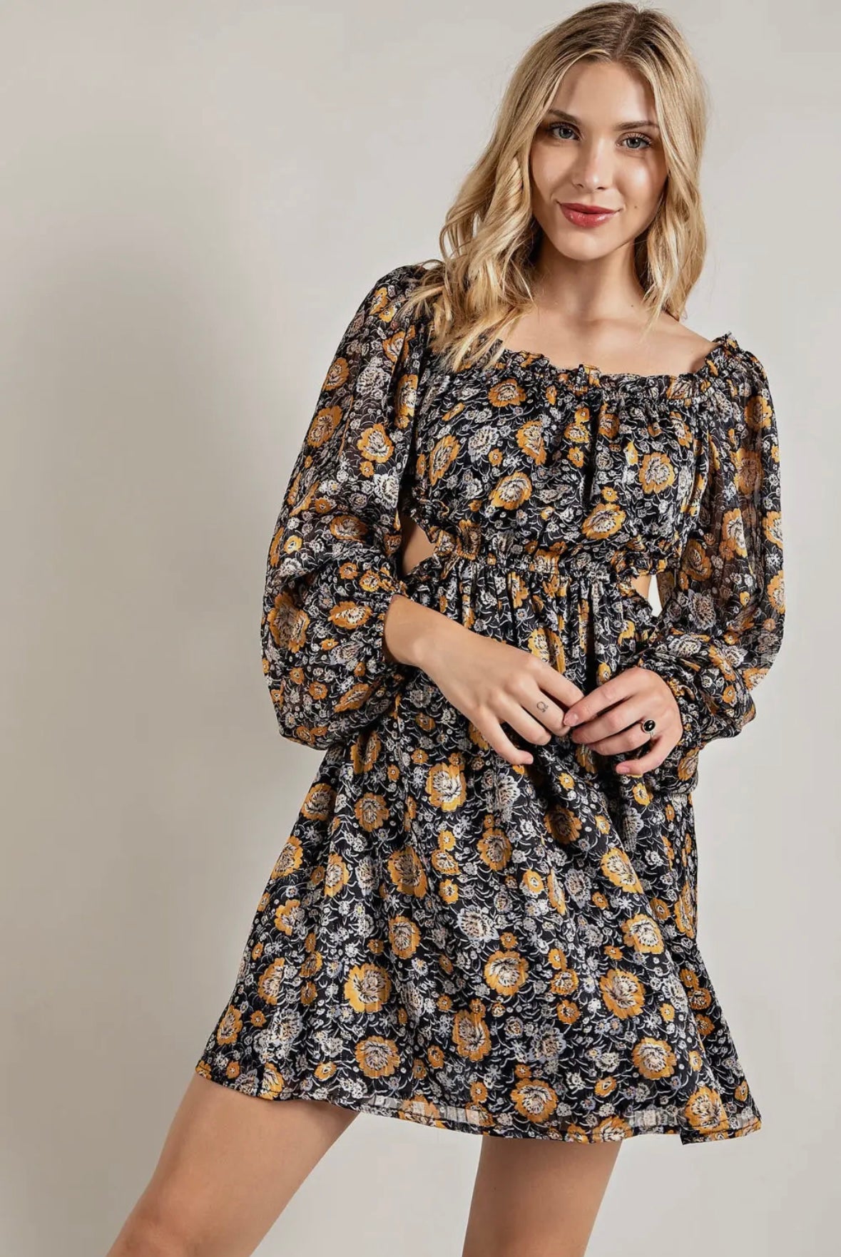 Floral Shadow Print Cut Out Mini Dress with Lining