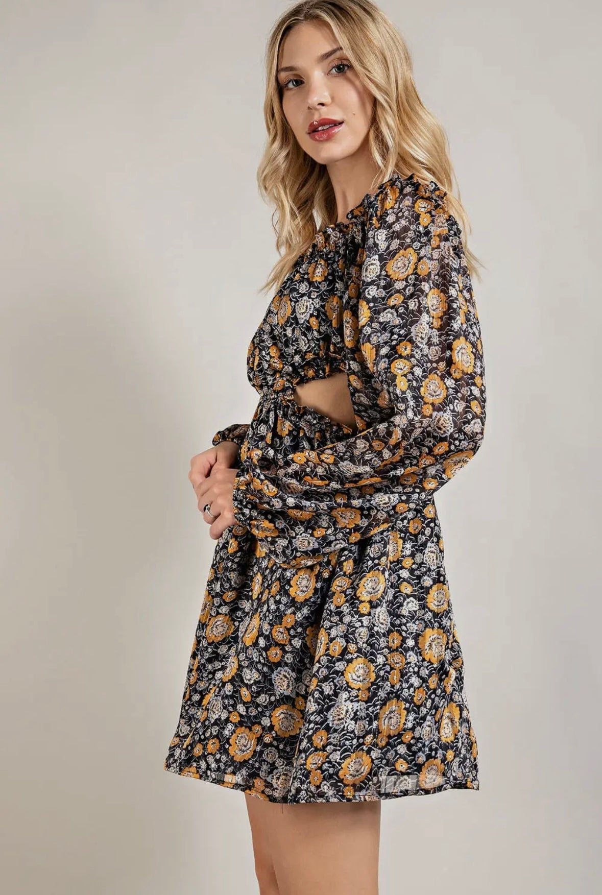 Floral Shadow Print Cut Out Mini Dress with Lining