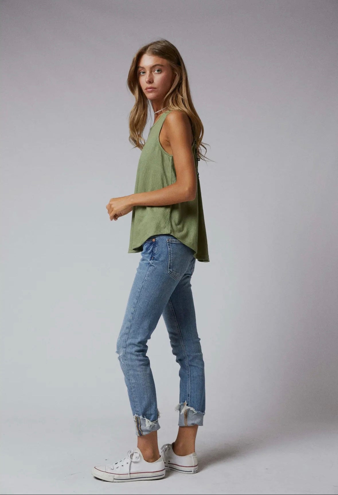 Sleeveless Back Lace Patch Crinkle Knit Swing Top