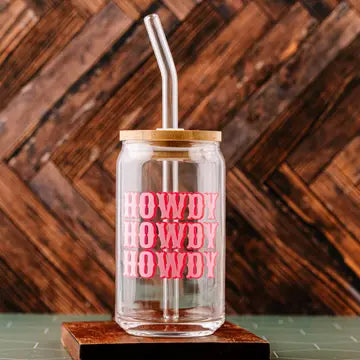 Howdy Glass Can with Lid & Straw