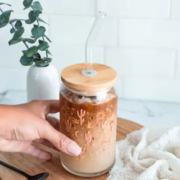 Cactus Glass Can with Lid & Straw