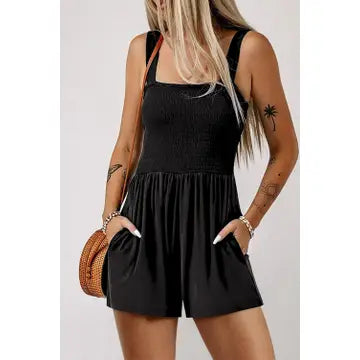Casual Pocketed Smocked Sleeveless Romper