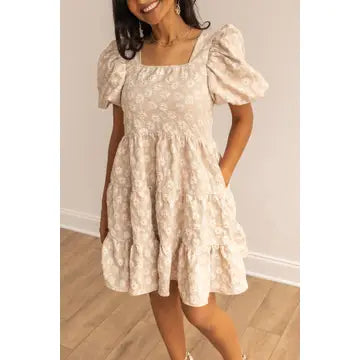 Botanical Blush Beige Floral Puff Dress