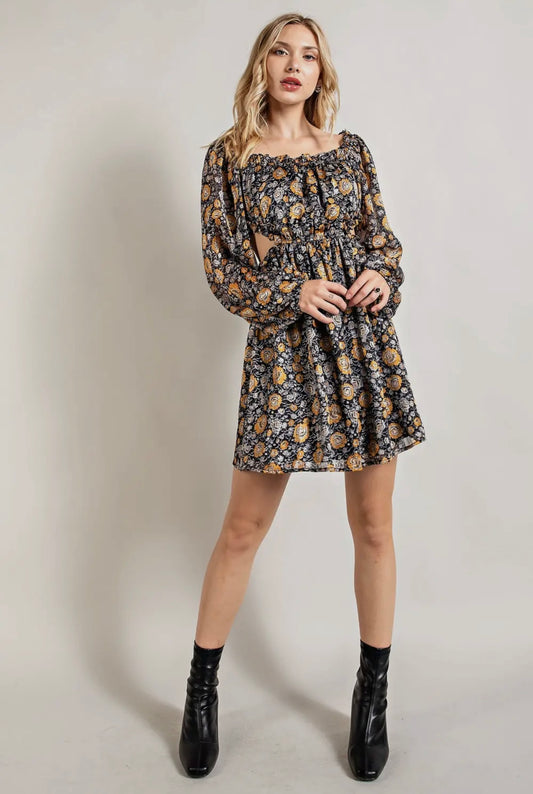 Floral Shadow Print Cut Out Mini Dress with Lining