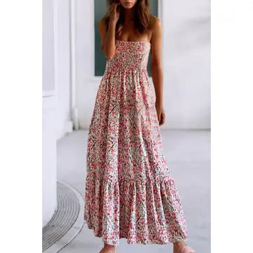 Boho Floral Smocked Ruffled Maxi Dress